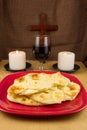 Bread, Wine, Two Candles and Cross Royalty Free Stock Photo