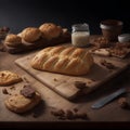 bread on a wooden board, surrounded with buns and kitchen ingredients and utensils