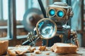 Breadcrumb navigation in Web Design and SEO concept. A robot looks at crumbs through a magnifying glass.