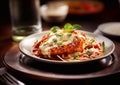 Breaded chicken fillet with parmesan and sauce with spaghetti on table.Macro.AI generative
