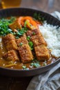 Breaded chicken katsu with curry sauce over rice in a bowl