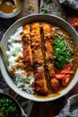 Breaded chicken katsu with curry sauce over rice in a bowl