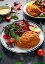 Breaded Chicken Kiev breast stuffed with butter, garlic and herbs served with vegetables in a plate. Royalty Free Stock Photo