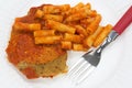 Breaded chicken with pasta and tomato sauce