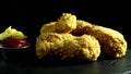 Breaded crispy fried chicken legs and sauce rotation 360 degrees.