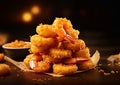 Breaded crispy shrimps prawns with sauce on table in restaurant.Macro.AI Generative Royalty Free Stock Photo