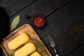 Breaded cutlet, on black wooden table background, top view flat lay, with copy space for text Royalty Free Stock Photo