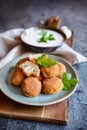 Breaded deep fried mushrooms with dip Royalty Free Stock Photo