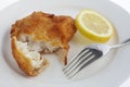 Breaded fish fillet with lemon and fork