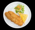 Breaded fried fish with bread and Vegetable isolated on the black background with clipping path,top view