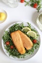 Breaded and fried fish fillets with salad and lemon. Royalty Free Stock Photo