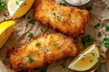 Breaded and fried fish fingers served with remoulade sauce and lemon Royalty Free Stock Photo