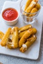 Breaded Fried Mozzarella Cheese Sticks with Ketchup Dipping Sauce Royalty Free Stock Photo