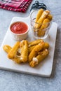 Breaded Fried Mozzarella Cheese Sticks with Ketchup Dipping Sauce Royalty Free Stock Photo