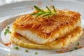 Breaded Halibut Fillet, Fried White Fish Meat with Parsnip Puree, Exquisite Seafood Dish Royalty Free Stock Photo