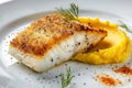 Breaded Halibut Fillet, Fried White Fish Meat with Parsnip Puree, Exquisite Seafood Dish Royalty Free Stock Photo