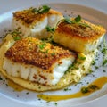 Breaded Halibut Fillet, Fried White Fish Meat with Parsnip Puree, Exquisite Seafood Dish Royalty Free Stock Photo