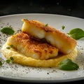 Breaded Halibut Fillet, Fried White Fish Meat with Parsnip Puree, Exquisite Seafood Dish Royalty Free Stock Photo