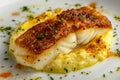 Breaded Halibut Fillet, Fried White Fish Meat with Parsnip Puree, Exquisite Seafood Dish Royalty Free Stock Photo