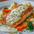 Breaded Salmon, Trout Fillet in Cream Sauce, Red Fish Meat with Cauliflower and Carrots Closeup Royalty Free Stock Photo