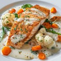 Breaded Salmon, Trout Fillet in Cream Sauce, Red Fish Meat with Cauliflower and Carrots Closeup Royalty Free Stock Photo