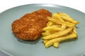 Breaded steak with french fries, served on a turquoise plate. Isolated on a white background. Royalty Free Stock Photo