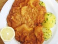 Breaded weiner schnitzel on white plate with potatoes and lemon