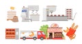 Breadmaking industry and processing stages of dough, bakery distribution shop, wheat products consumption cartoon vector