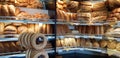 Breads and bagels on bakery front store in greece