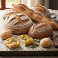 Breads displayed on a rustic wooden table including round sourdough Royalty Free Stock Photo