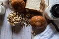 Breads, nuts and other healthy food ingredients necessary for healthy lifestyle Royalty Free Stock Photo