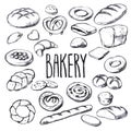 Breads and pastries hand-drawn vector set