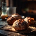 Breads On Stone In Rustic Pub. Generative AI Royalty Free Stock Photo
