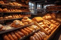 Breads on supermarket shelves: bread loaves, bread rolls, baguette, bagels, bread buns on bakery counter