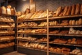 Breads on supermarket shelves, Different types of bread loaves, bread rolls, baguettes, bagels, bread buns in grocery store bakery