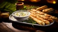 A breadstick - a slender, crispy rod of golden-brown bread, enticingly fragrant, ideal for dipping