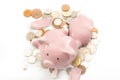 Break the bank, economic downturn and bankruptcy concept theme with a broken piggy bank and scattered coins isolated on white Royalty Free Stock Photo