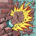 Break through barriers. Strength of mind. African American man fist with an explosion breaks the wall. Pop Art Retro Royalty Free Stock Photo