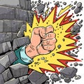 Break through barriers. Strength of mind. A man fist with an explosion breaks the wall. Pop Art Retro Royalty Free Stock Photo