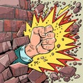 Break through barriers. Strength of mind. A mans fist with an explosion breaks the wall. Pop Art Retro Royalty Free Stock Photo