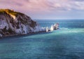 The Needles and the 19th century lighthouse on the coastline Isle of Wight