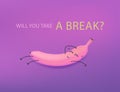 Break concept. A pink vector realistic banana lies relaxed on a purple background.