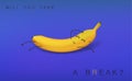 Break concept. Vector realistic banana lies relaxed on a blue background.