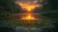 Golden sunlight piercing through mist over a lily-covered lake at dawn Royalty Free Stock Photo