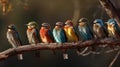 Ai Generative Group of colorful birds sitting on a branch in the forest at dawn