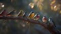 Ai Generative Group of colorful birds sitting on a branch in the forest at dawn