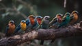 Ai Generative Group of colorful birds sitting on a branch in the forest at dawn