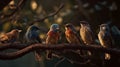 Ai Generative Group of colorful birds sitting on a branch in the forest at dawn