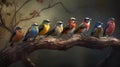 Ai Generative Group of colorful birds sitting on a branch in the forest at dawn