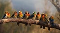 Ai Generative Group of colorful birds sitting on a branch in the forest at dawn